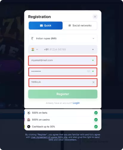 1win-app-rgistration screen